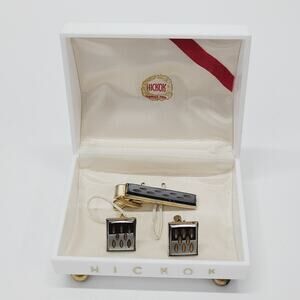 Hickok Mens Vintage Cufflinks and Tie Clip Gold with Etched Slate Black Detail